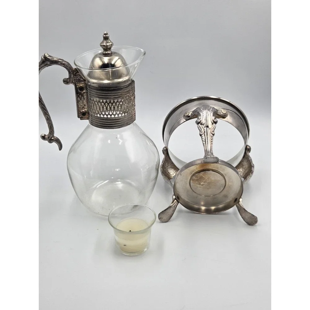 Vintage  Silver Plated Glass Coffee Pot Carafe W / Warming Stand 14.5